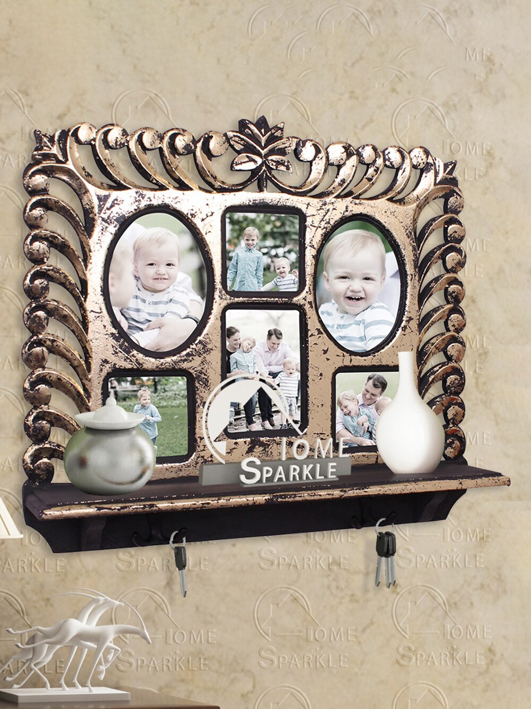 

Home Sparkle Wooden Wall Shelf With Photo Frame & Hooks, Gold