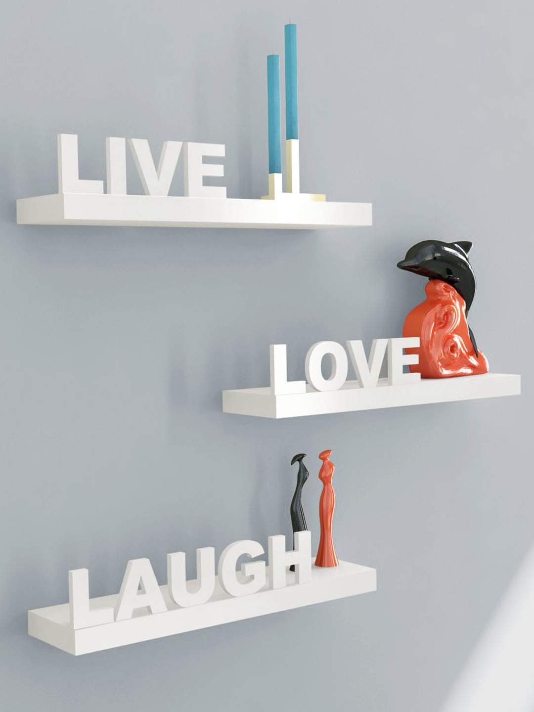 

Home Sparkle White 3-Pieces Wooden Live Love & Laugh Design Floating Wall Shelves