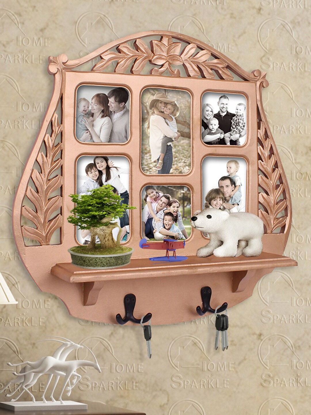 

Home Sparkle Gold-Toned Wooden Wall Shelf With Photo Frame & Hooks