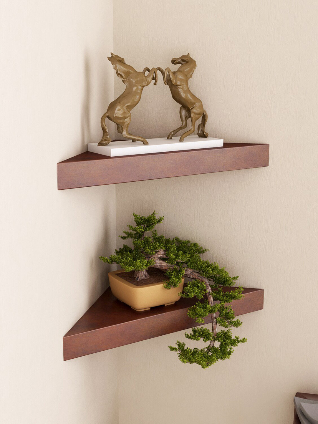 

Home Sparkle Brown 2-Pieces Triangular Shape Wooden Wall Corner Shelves