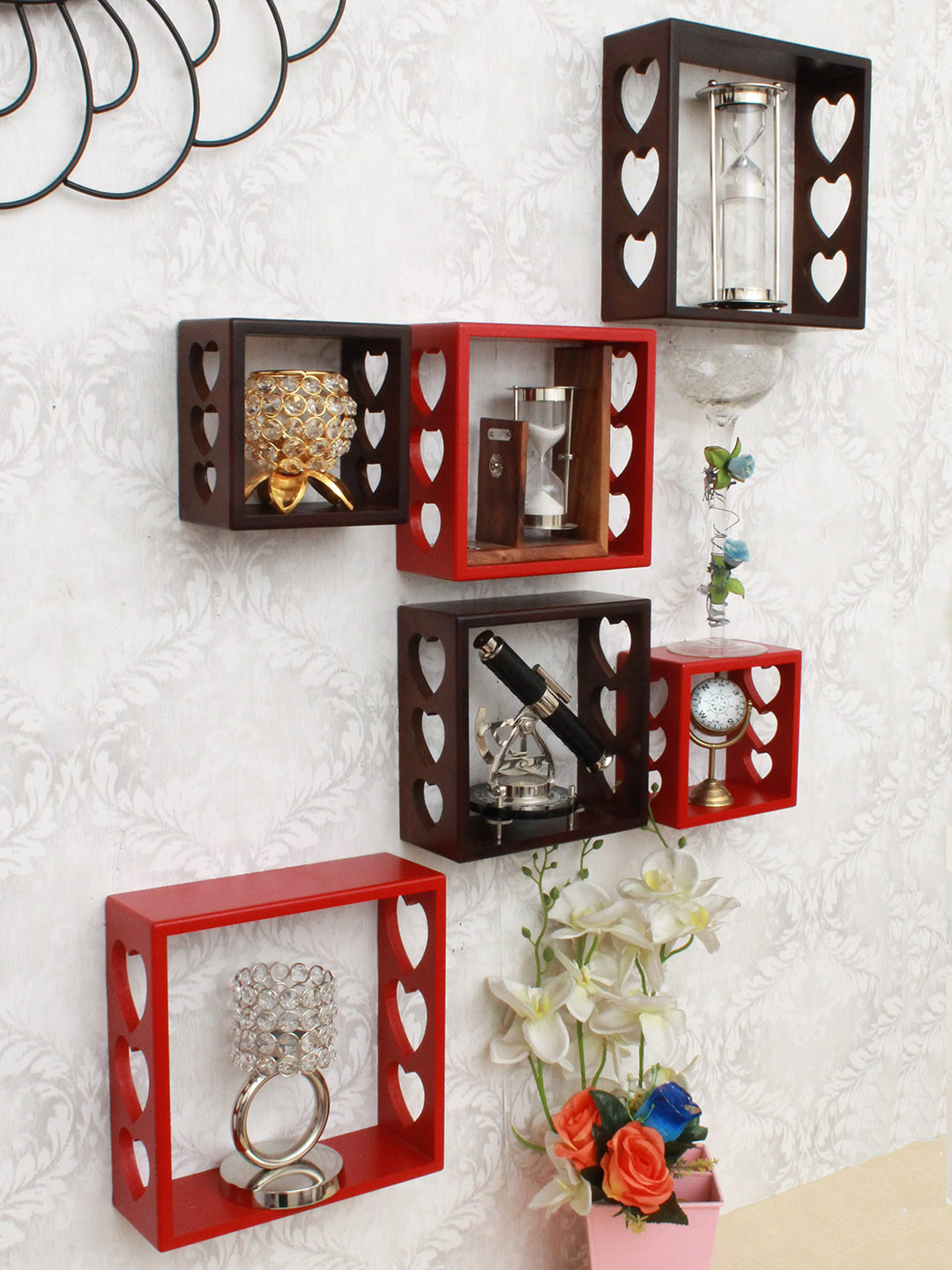 

Home Sparkle Brown & Red 6-Pieces MDF Wooden Floating Shelves