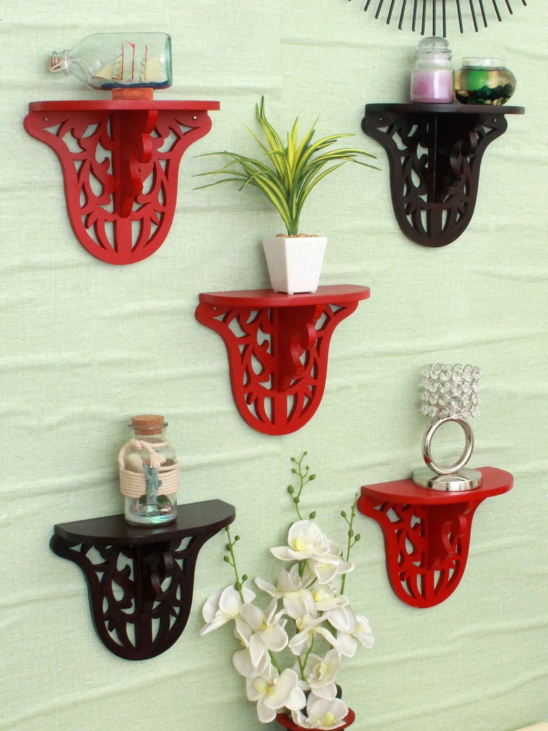 

Home Sparkle Red & Brown 5-Pieces Carved Wooden Floating Shelves