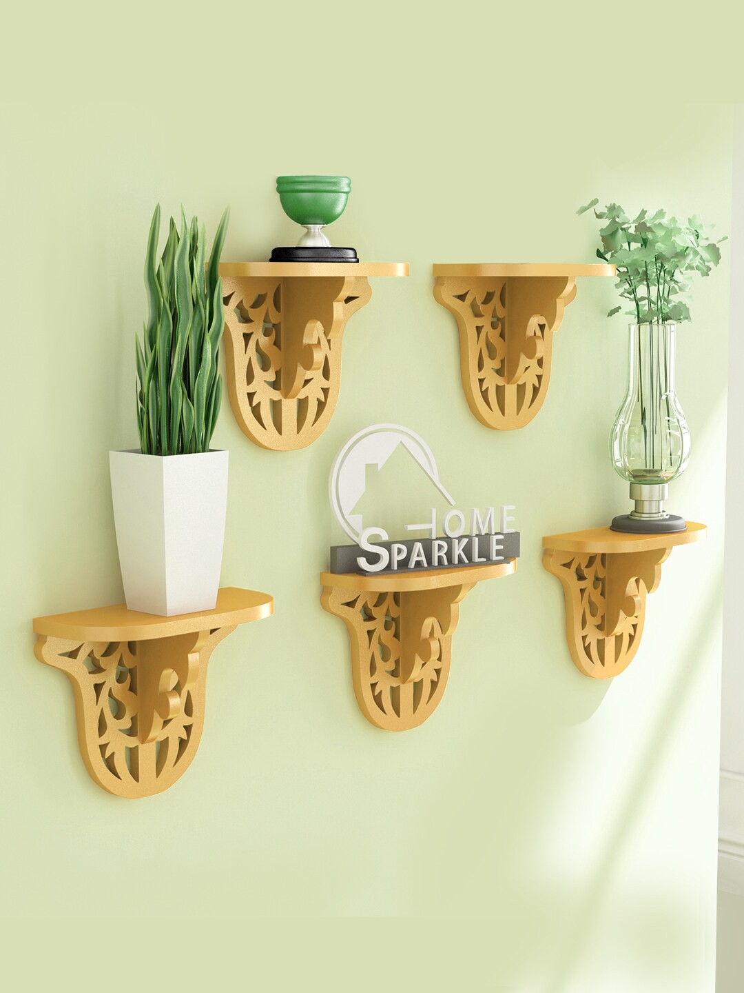

Home Sparkle 5-Pieces Carved Wooden Wall Mounted Shelves, Gold