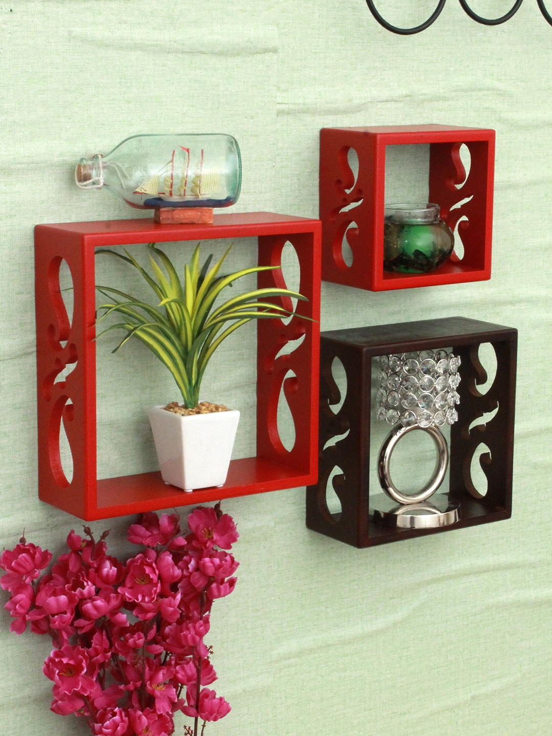 

Home Sparkle 3 Pieces Carved MDF Wooden Cube Wall Shelves, Red