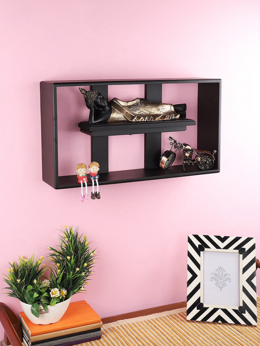 

Home Sparkle Black Rectangular MDF Wooden Wall Shelf With Sections