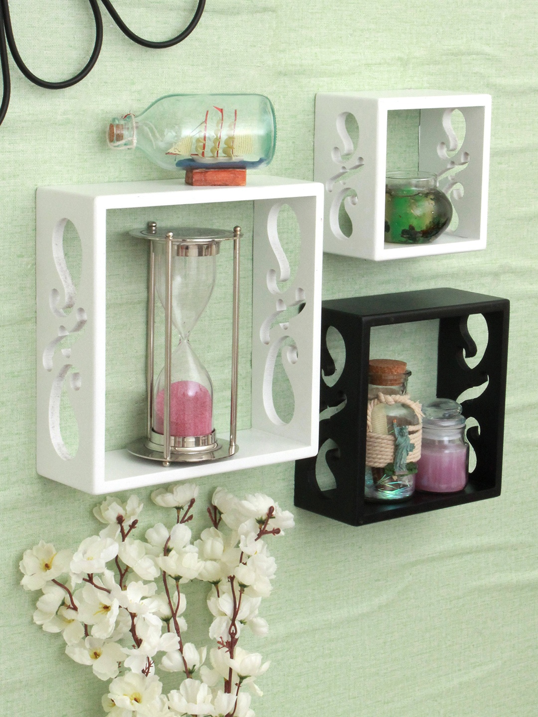 

Home Sparkle White 3-Pieces Carved MDF Wooden Cube Wall Shelves, Black