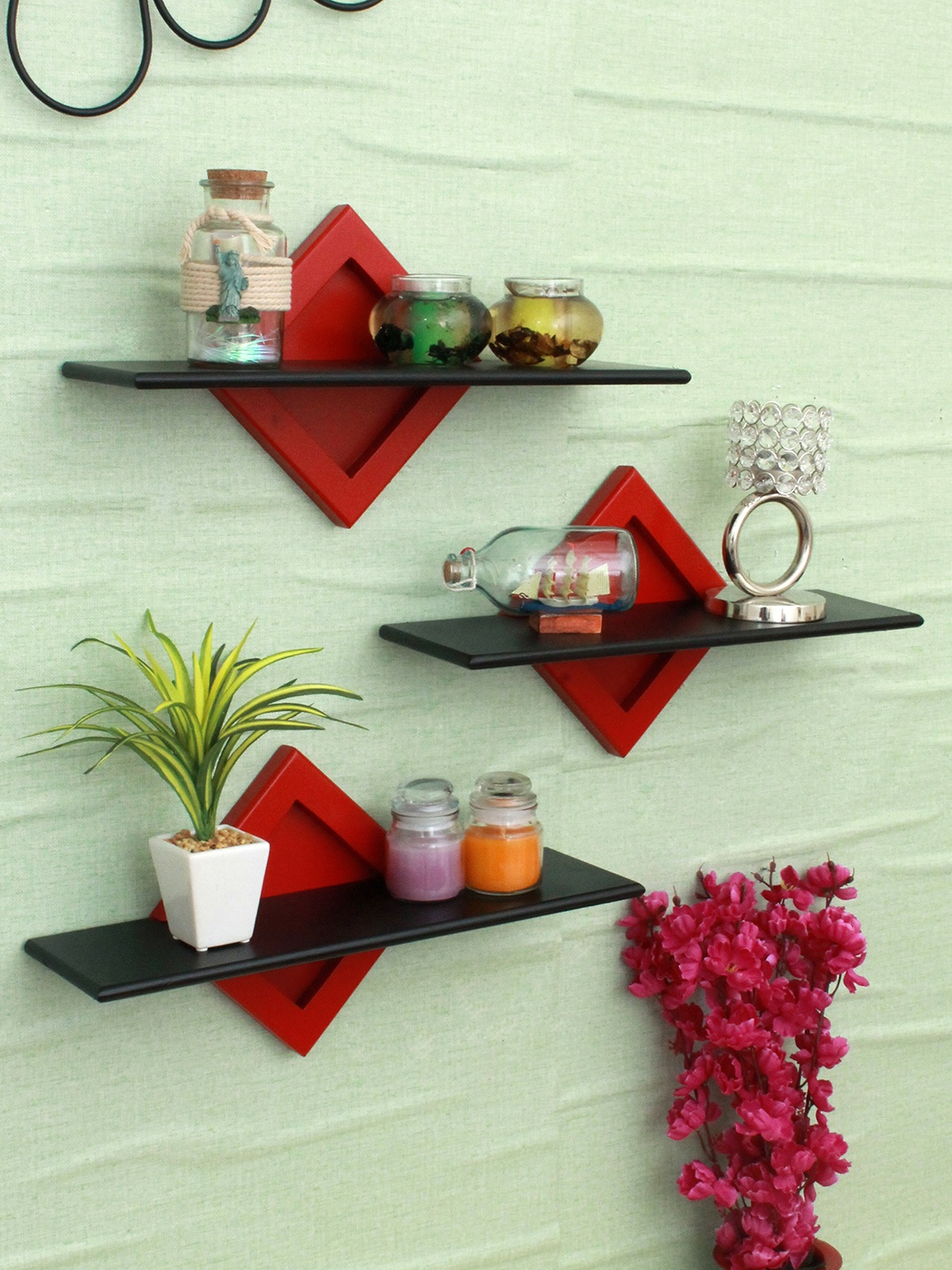 

Home Sparkle Red & Black 3-Pieces Wooden Wall Shelves