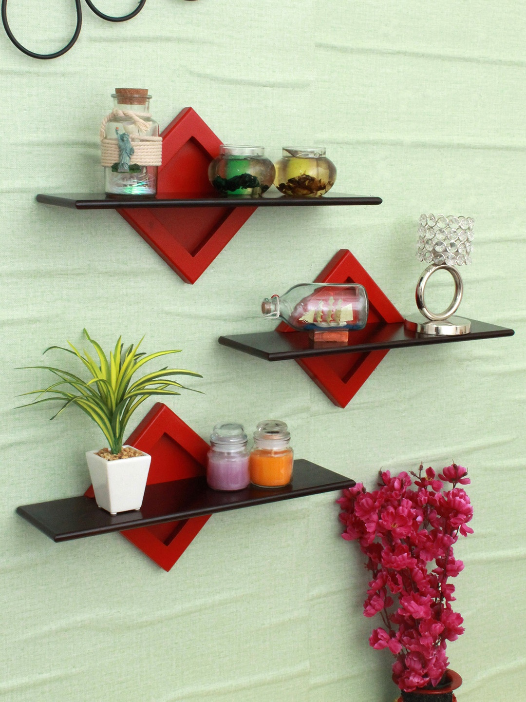 

Home Sparkle 3 Pieces Red & Black Wooden Wall Shelves