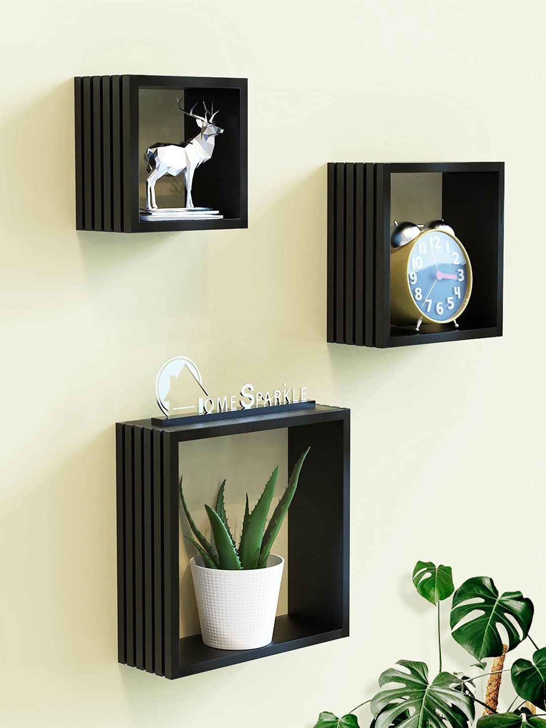 

Home Sparkle 3 Pieces Black 3D Design Carved MDF Wooden Wall Shelves