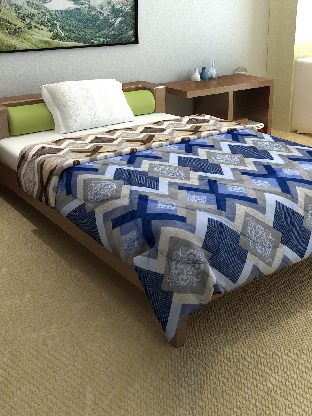 

Divine Casa Brown & Blue Geometric Microfiber AC Room 120 GSM Single Bed Comforter