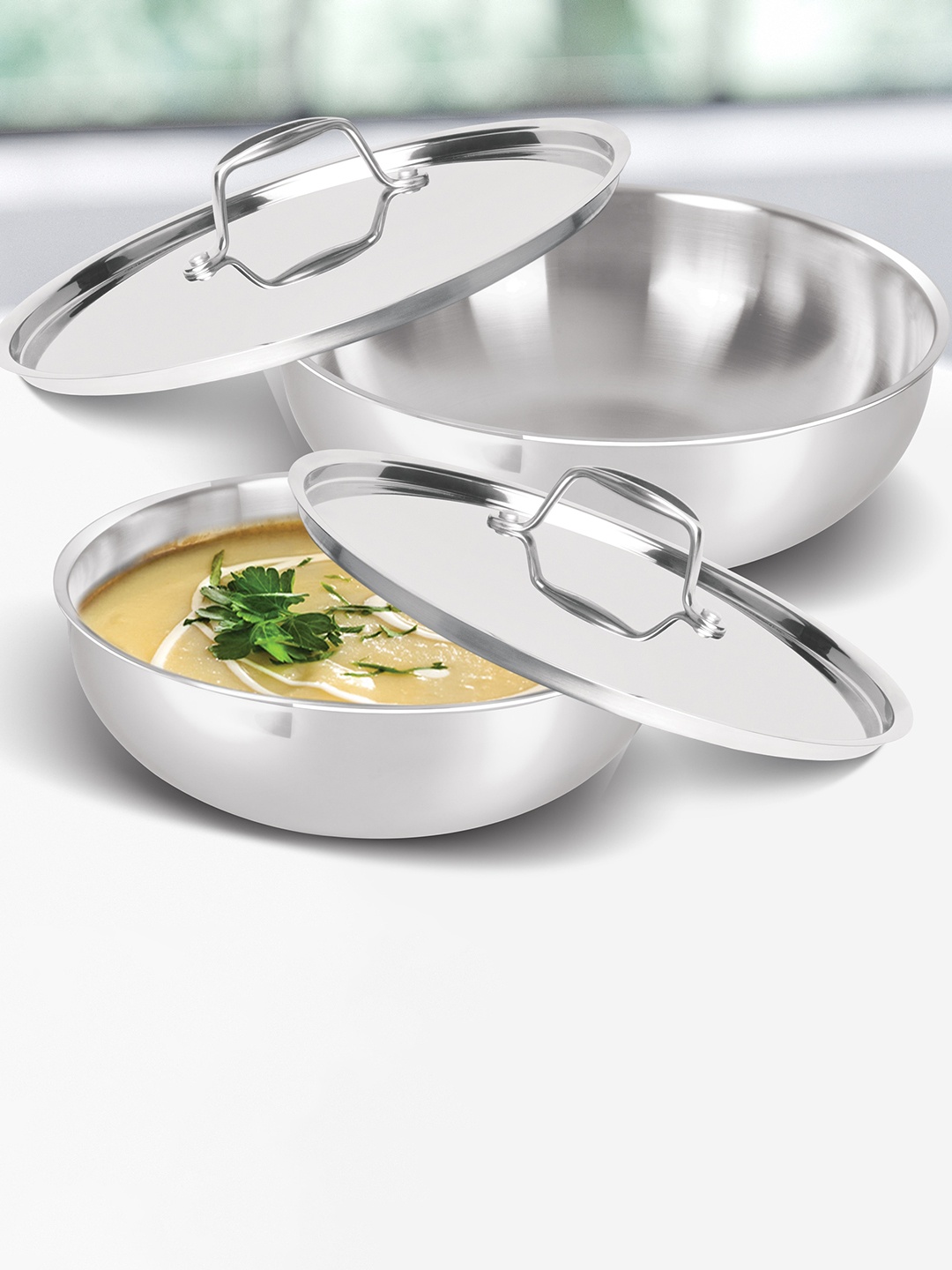 

Milton Pro Cook 2 Pieces Triply Stainless Steel Tasla With Lid 700 ml & 1 L, Silver