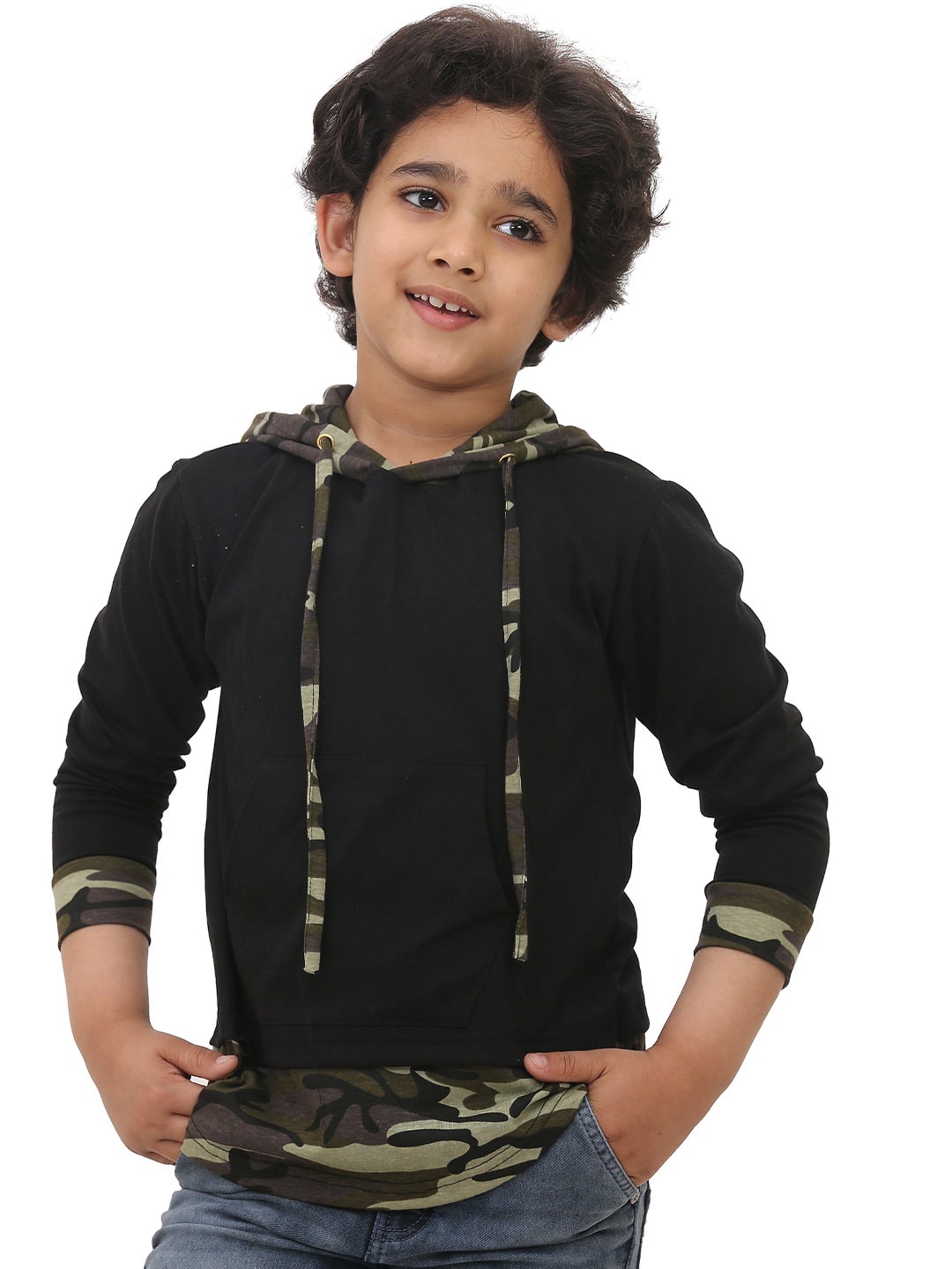 

SmartRAHO Boys Camouflage Printed Hooded Cotton T-shirt, Black