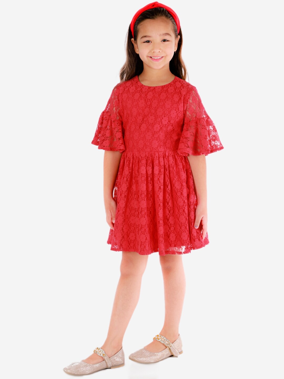 

KidsDew Girls Bell Sleeve Lace Fit & Flare Dress, Red