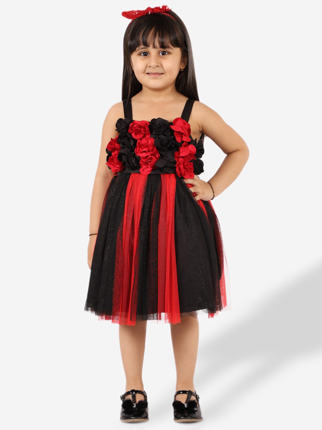 

KidsDew Girls Shoulder Straps Floral Self Design Fit & Flare Dress, Black