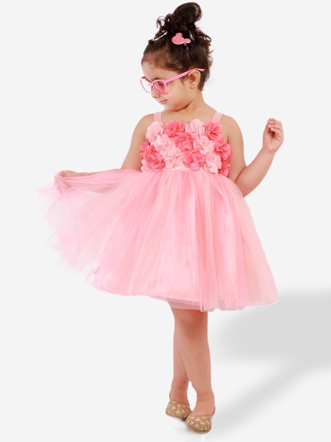 

KidsDew Girls Shoulder Straps Floral Self Design Fit And Flare Dress, Pink