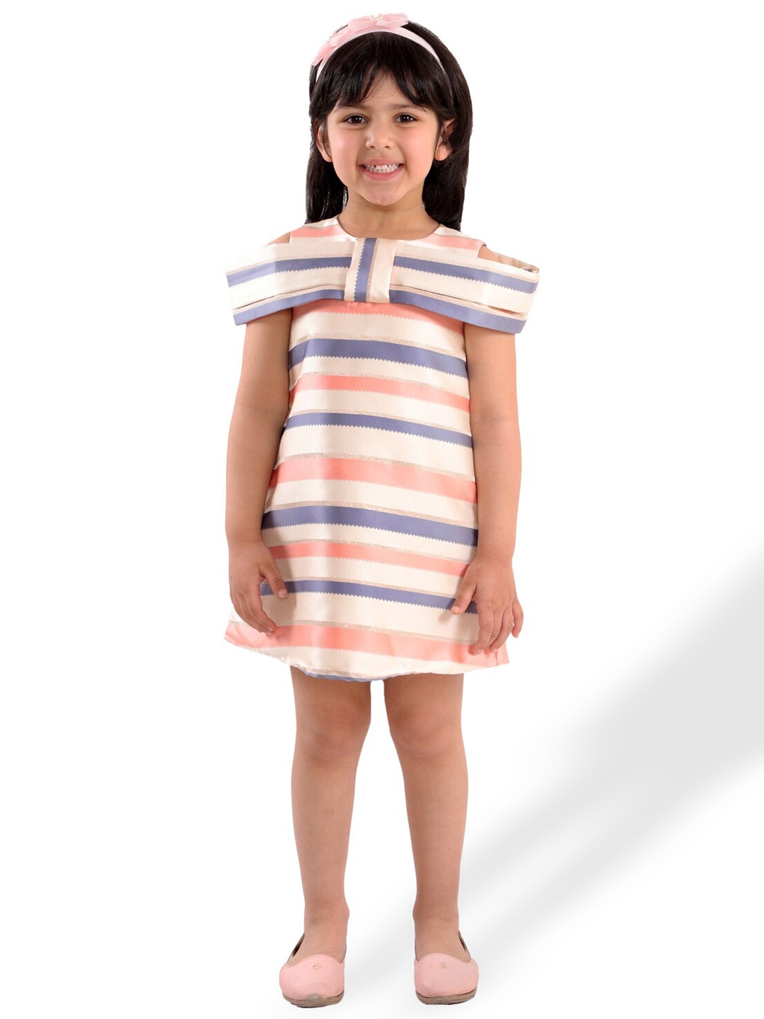 

KidsDew Girls StripedRound Neck Jacquard A-Line Dress, Off white