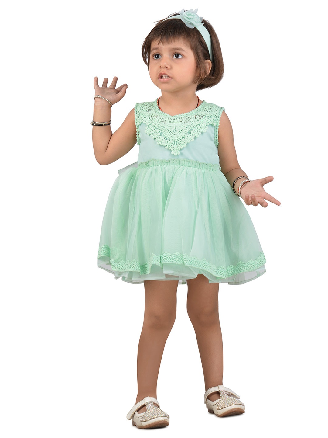 

KidsDew Girls Round Neck Net Fit & Flare Dress, Green