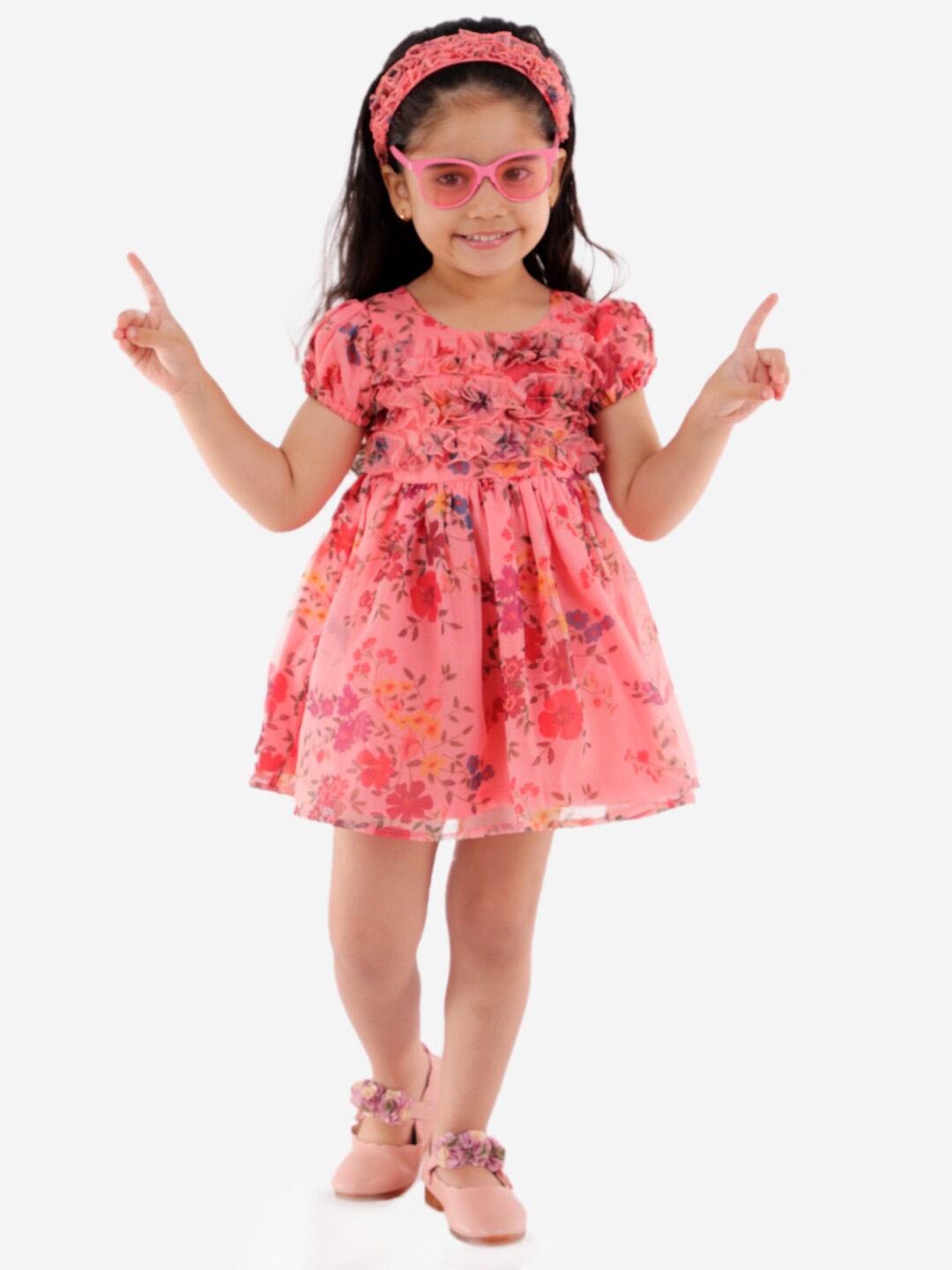 

KidsDew Girls Floral Printed Ruffled Fit & Flare Dress With Shorts, Pink