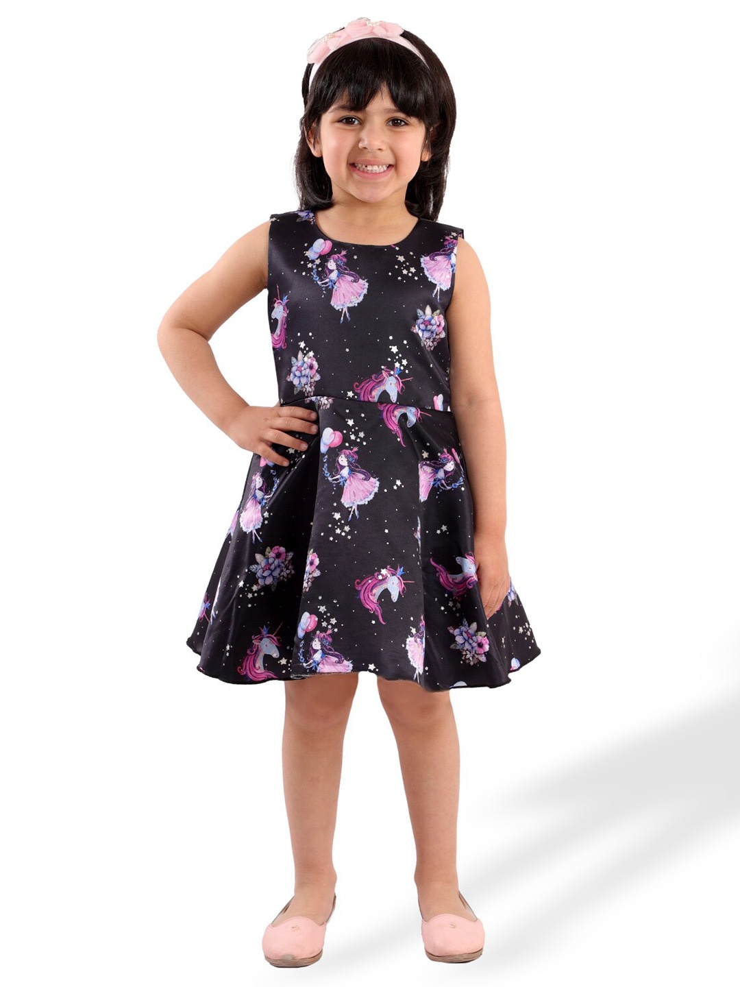 

KidsDew Girls Round Neck Conversational Printed Fit & Flare Dress, Black