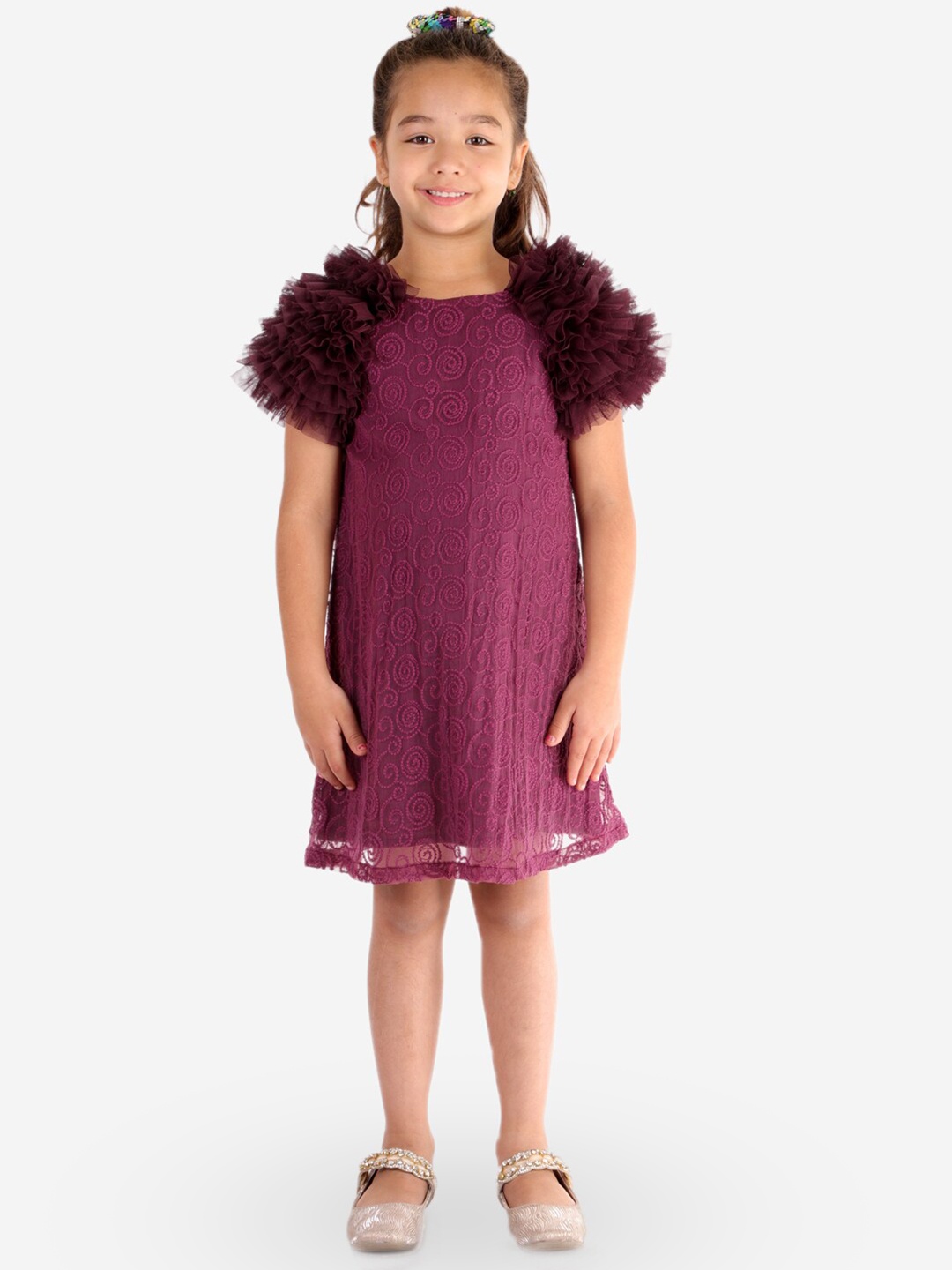 

KidsDew Girls Round Neck Ruffles Embroidered Lace A-Line Dress, Purple