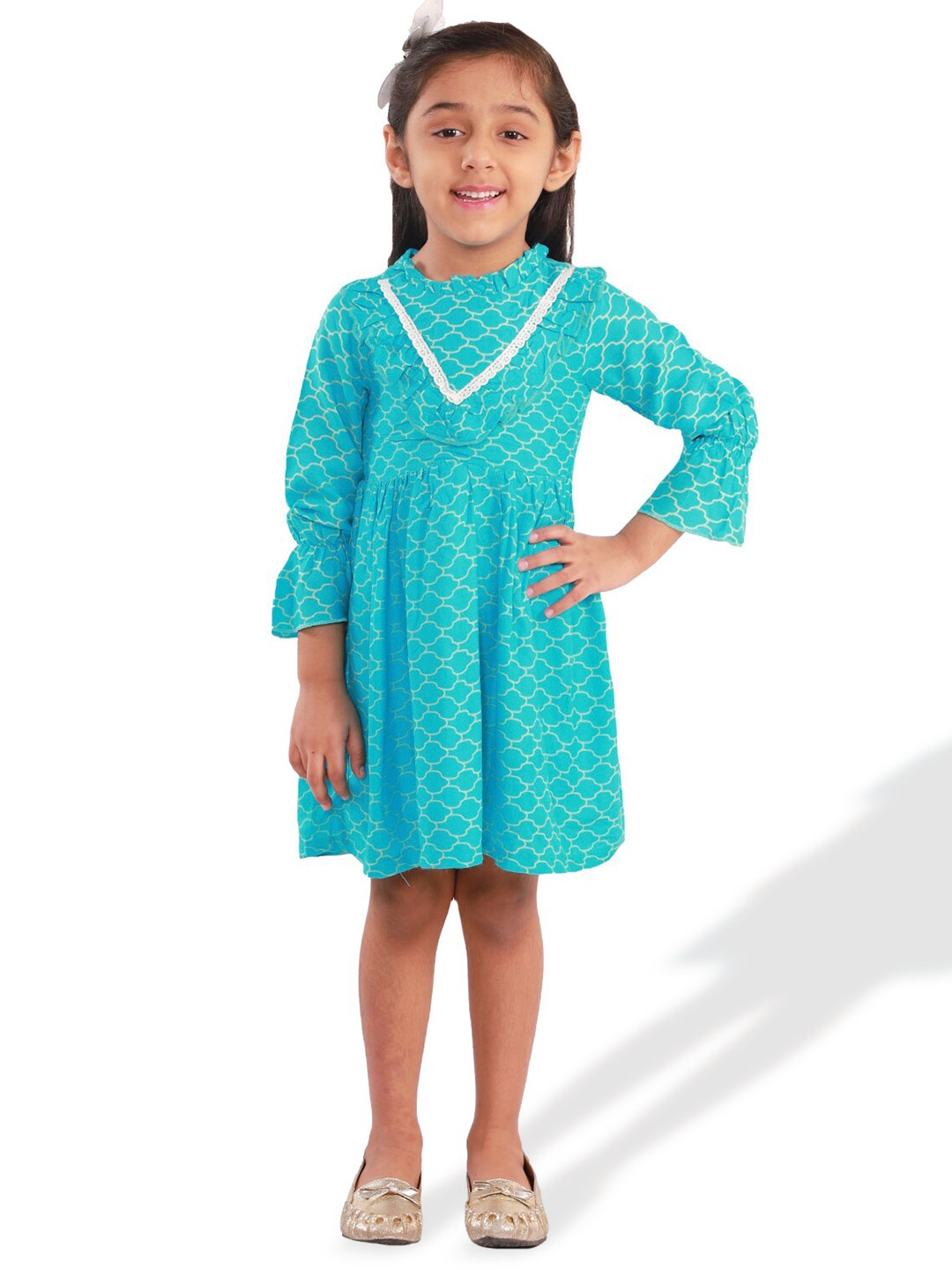 

KidsDew Girls Round Neck Geometric Printed Fit & Flare Dress, Blue