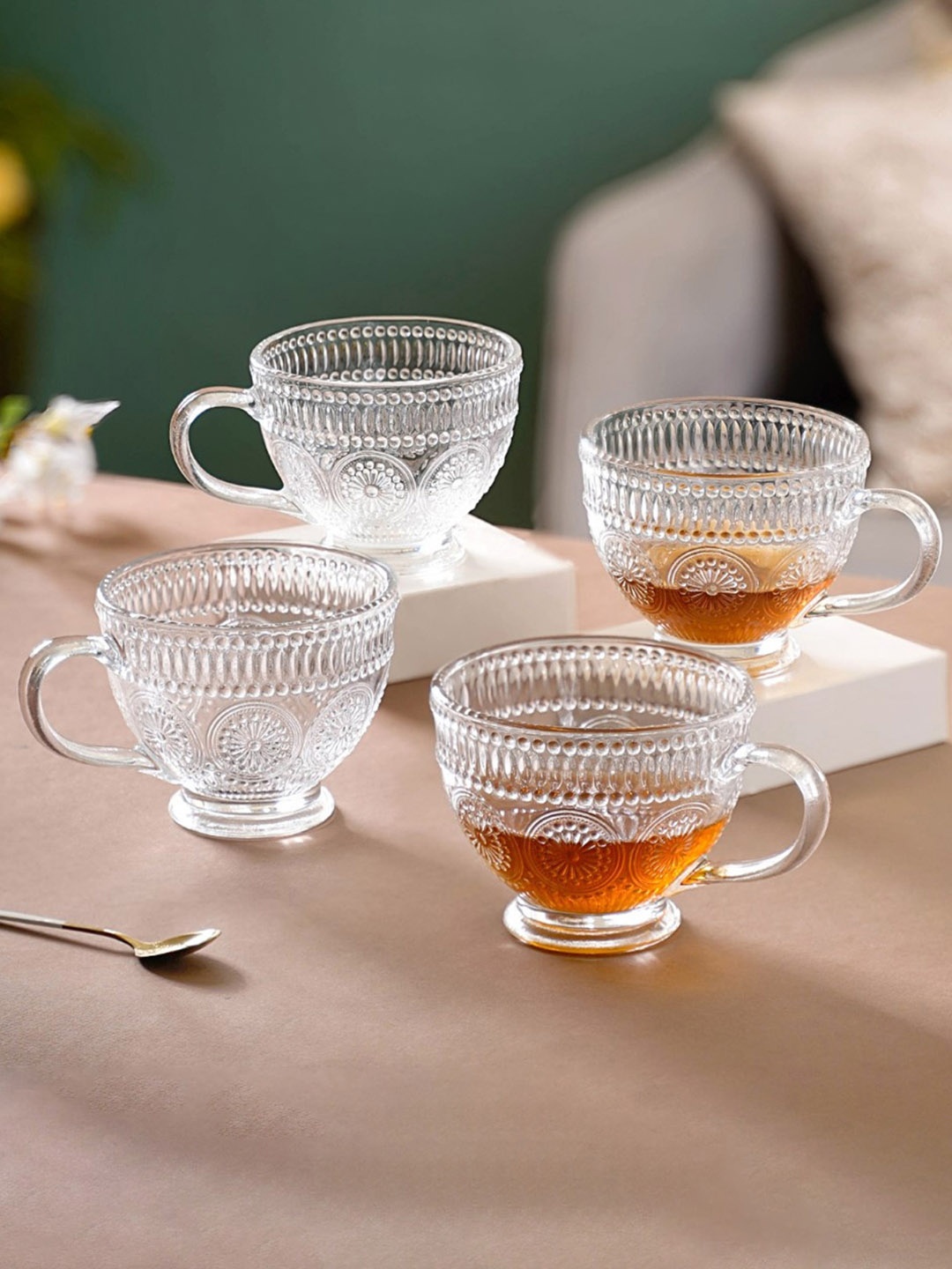 

Nestasia Blossom 4 Pieces Textured Transparent Glass Coffee Mugs 400 ml Each
