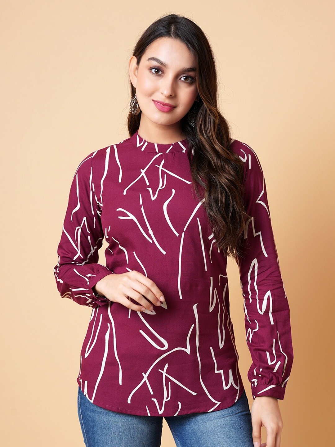 

DAEVISH Abstract Printed Cuffed Sleeves Regular Top, Maroon