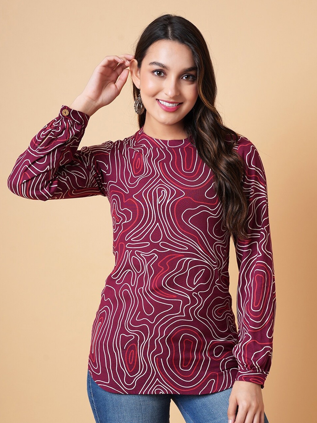 

DAEVISH Abstract Printed Cuffed Sleeves Top, Maroon