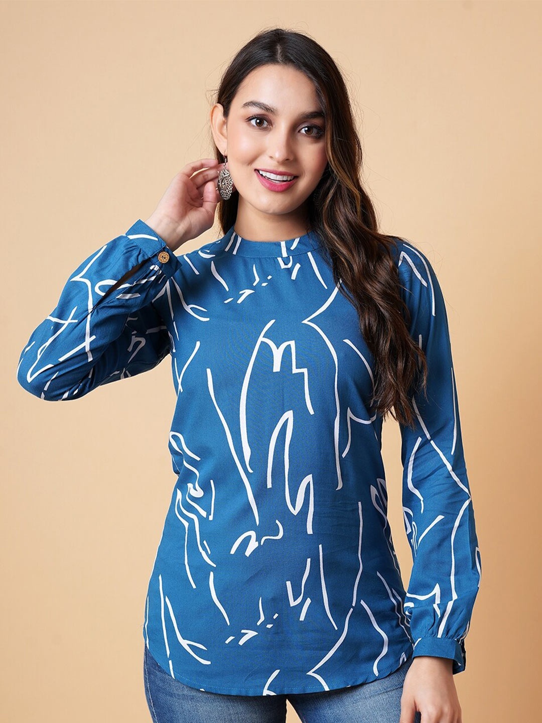 

DAEVISH Abstract Printed Cuffed Sleeves Top, Blue