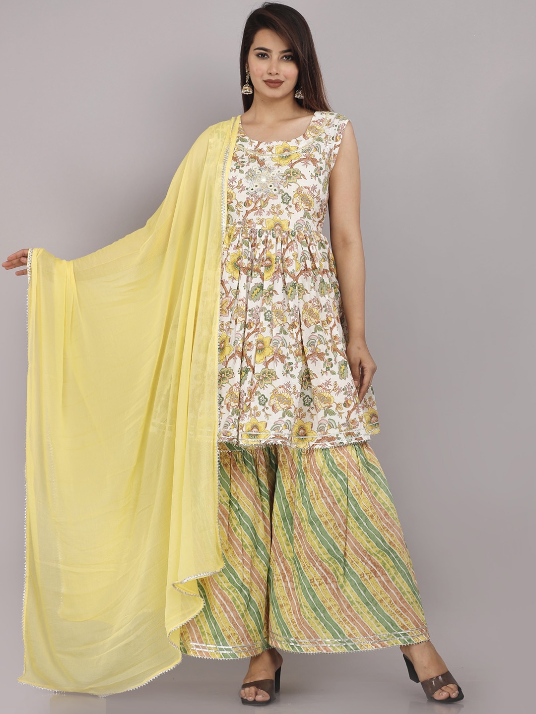 

HIGHLIGHT FASHION EXPORT Printed Mirror Work Pure Cotton Kurti with Sharara & Dupatta, Yellow