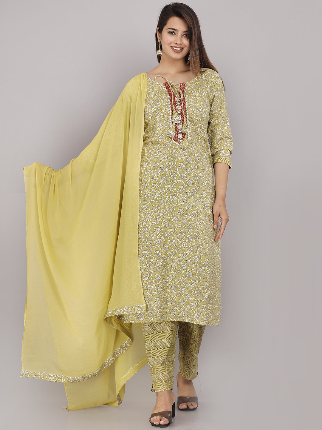 

HIGHLIGHT FASHION EXPORT Printed Mirror Work Pure Cotton Kurta with Trousers & Dupatta, Green
