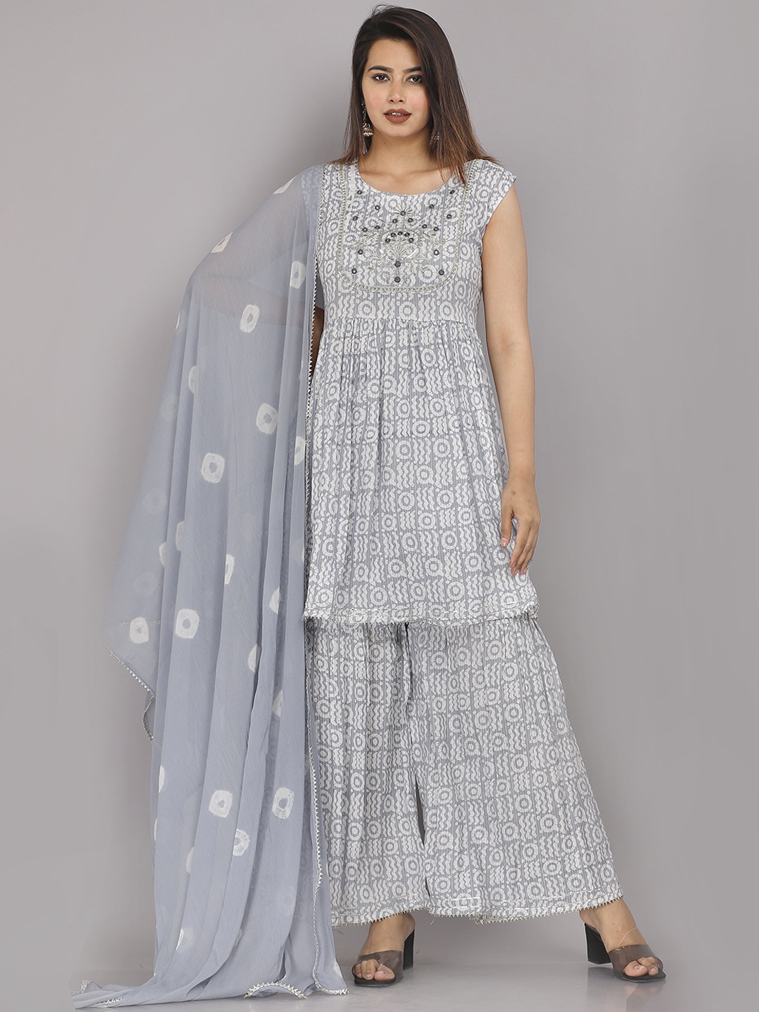 

HIGHLIGHT FASHION EXPORT Printed Mirror Work Pure Cotton Kurti with Sharara & Dupatta, Grey