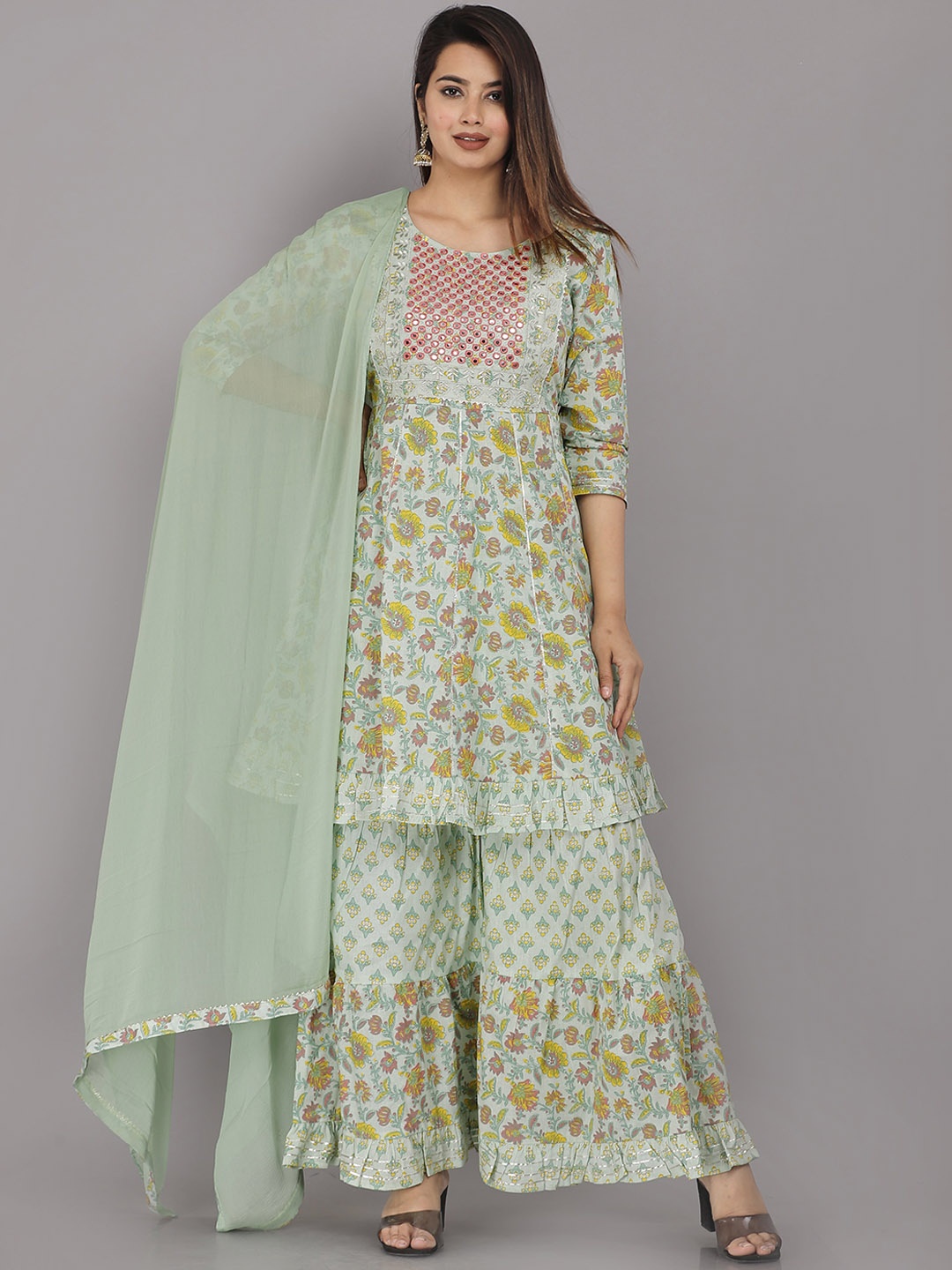 

HIGHLIGHT FASHION EXPORT Printed Mirror Work Pure Cotton Kurta with Sharara & Dupatta, Green