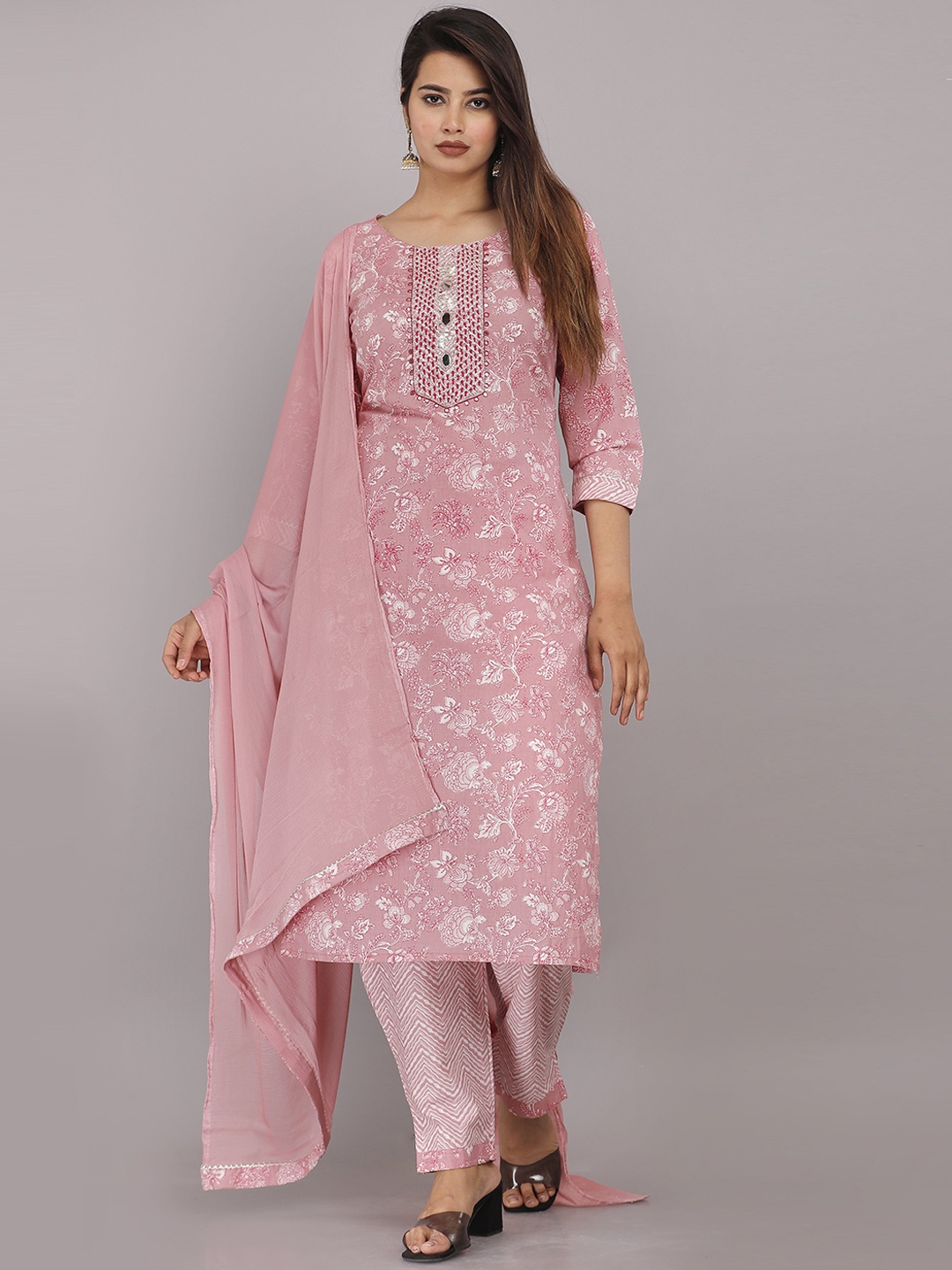 

HIGHLIGHT FASHION EXPORT Printed Mirror Work Pure Cotton Kurta With Trousers & Dupatta, Pink