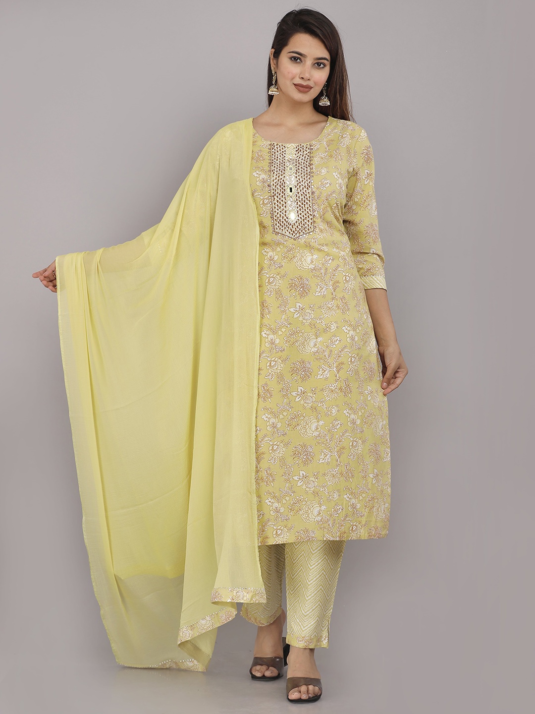 

HIGHLIGHT FASHION EXPORT Printed Mirror Work Pure Cotton Kurta with Trousers & Dupatta, Mustard