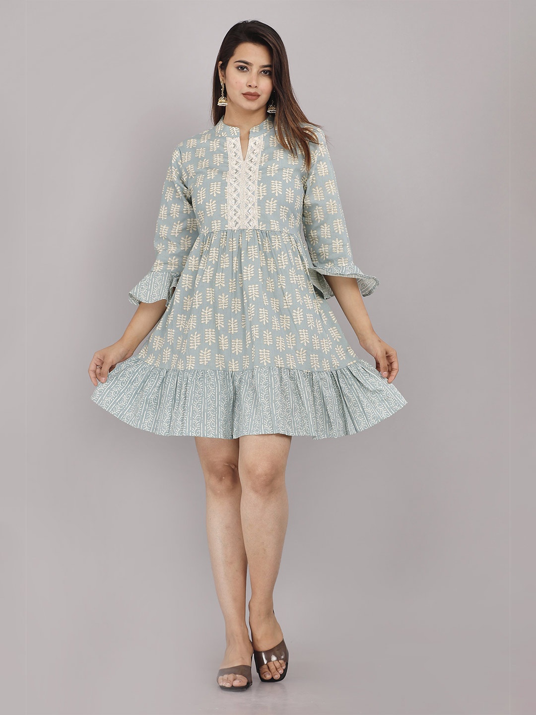 

HIGHLIGHT FASHION EXPORT Ethnic Motifs Printed Bell Sleeves A-Line Ethnic Dress, Blue