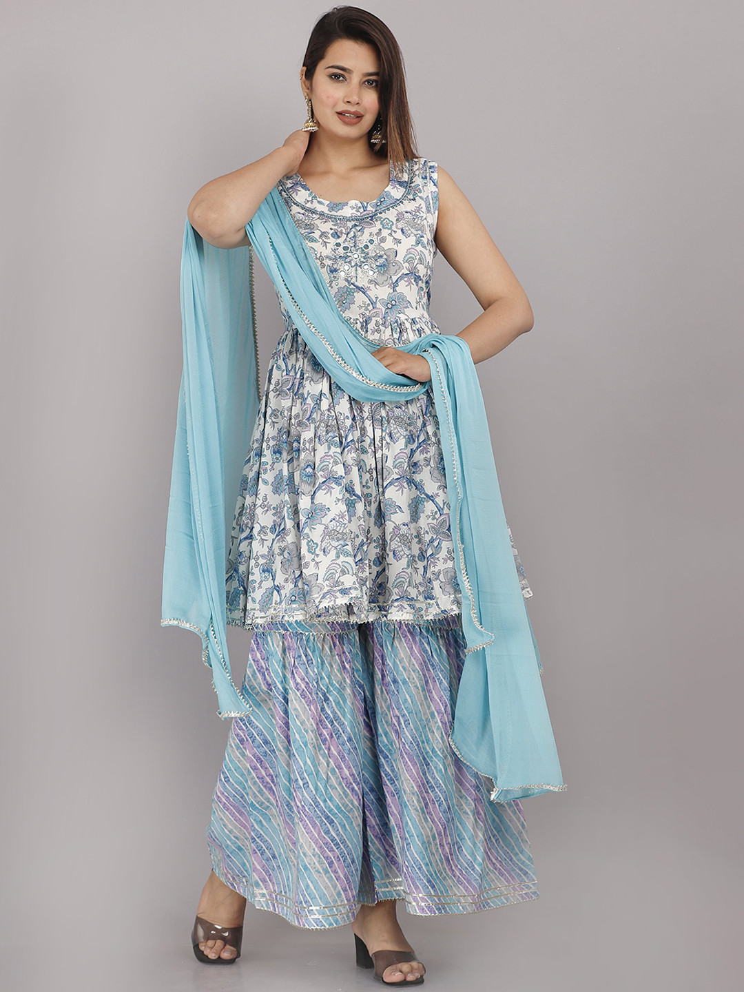

HIGHLIGHT FASHION EXPORT Printed Mirror Work Pure Cotton Kurti with Sharara & Dupatta, Blue