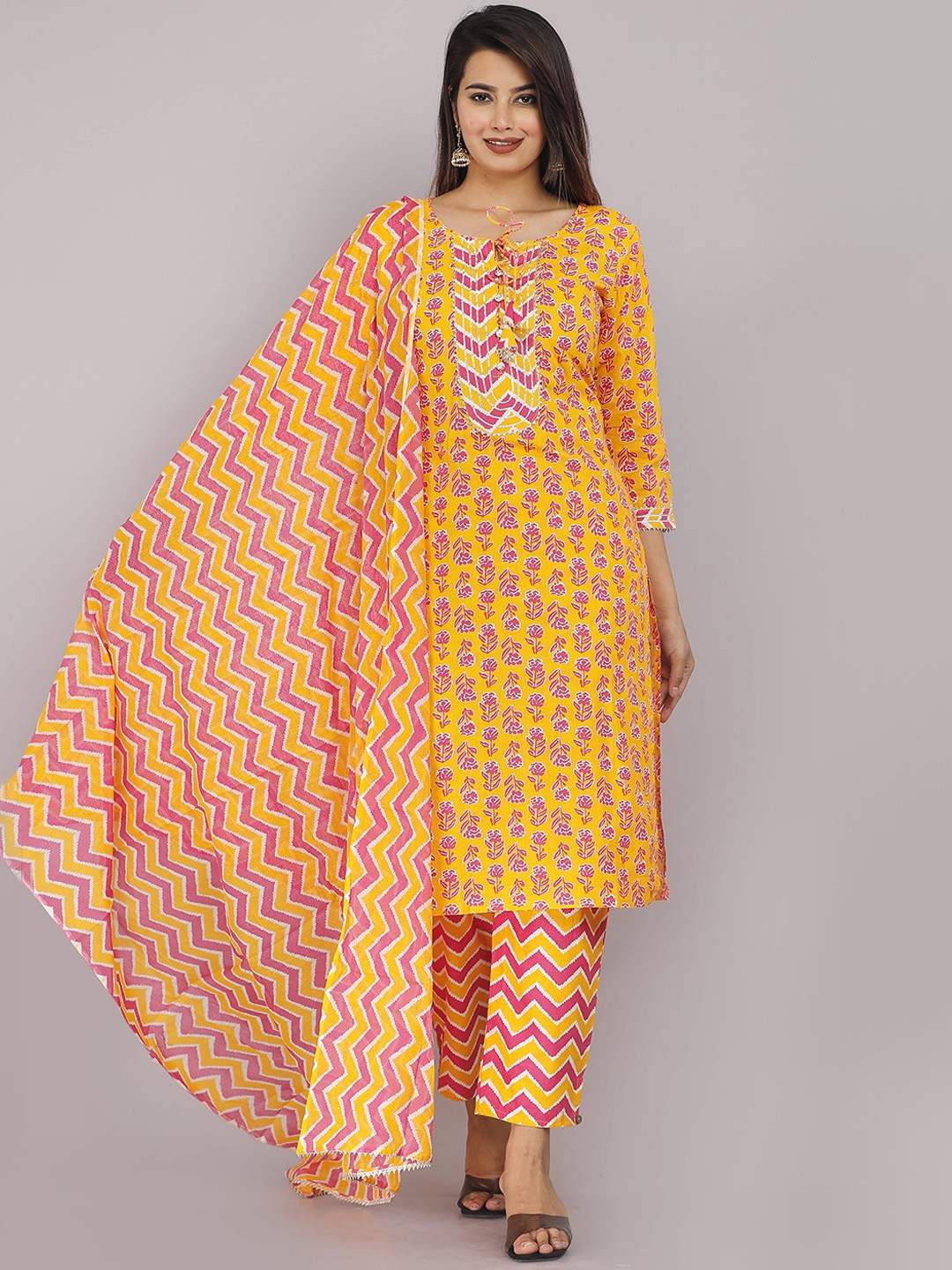 

HIGHLIGHT FASHION EXPORT Printed Gotta Patti Pure Cotton Kurta with Trousers & Dupatta, Mustard