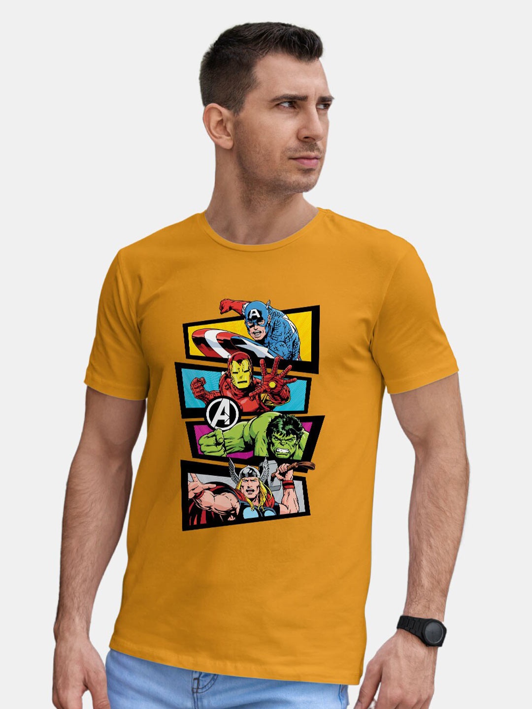 

macmerise Avengers Printed Bio Finish Cotton T-shirt, Mustard