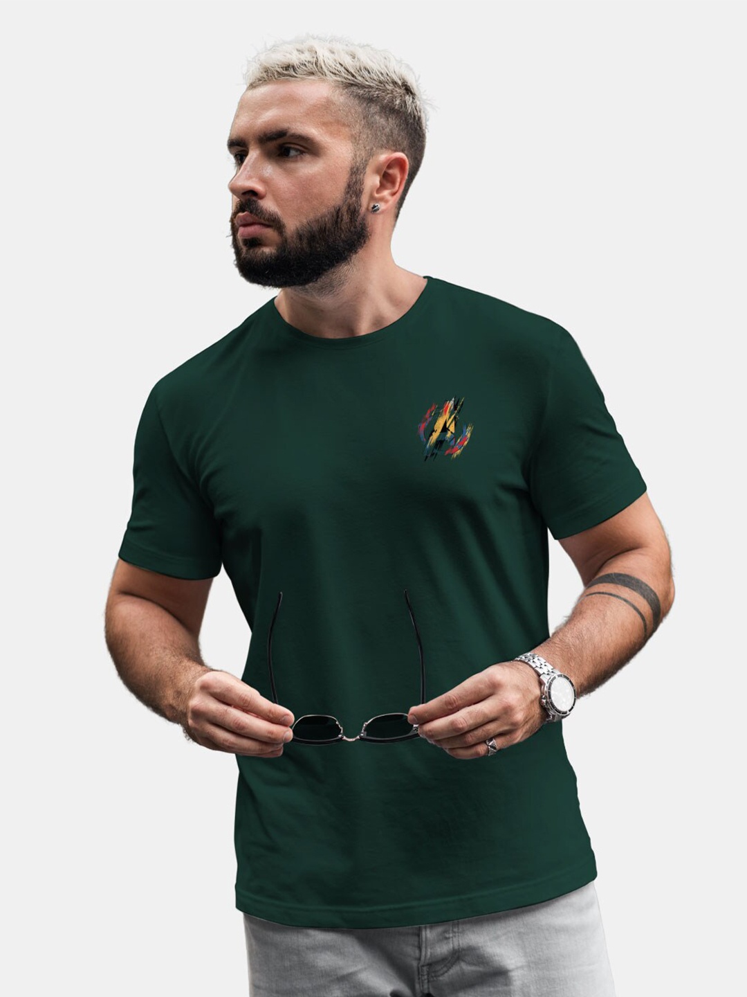 

macmerise Round Neck Bio Finish Cotton T-shirt, Green