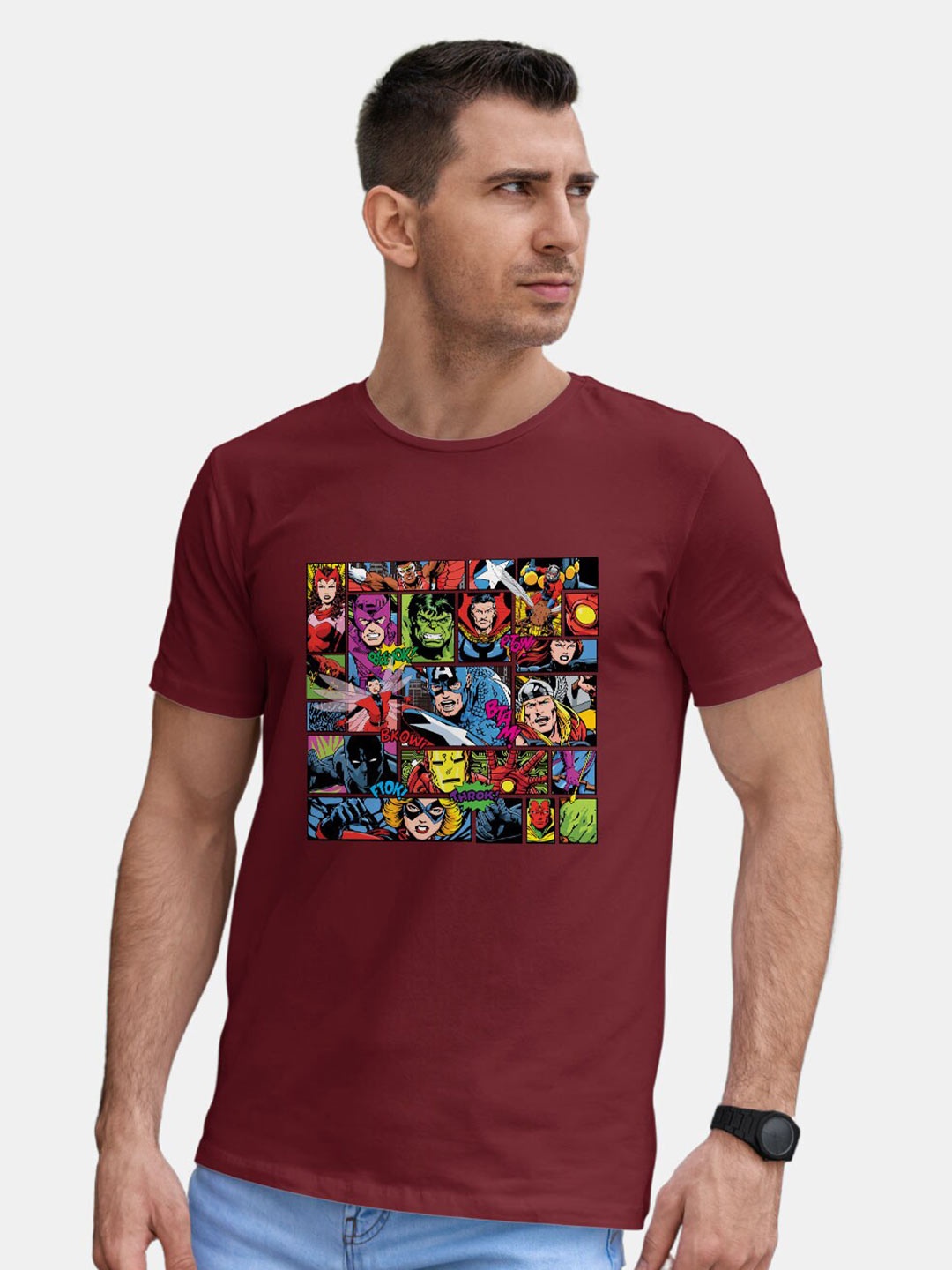 

macmerise Marvel Printed Cotton Bio Finish T-shirt, Red
