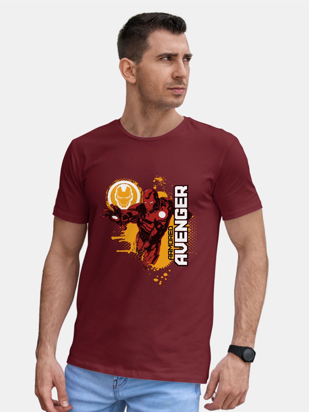 

macmerise Iron Man Graphic Printed Round Neck Bio Finish Cotton T-shirt, Maroon