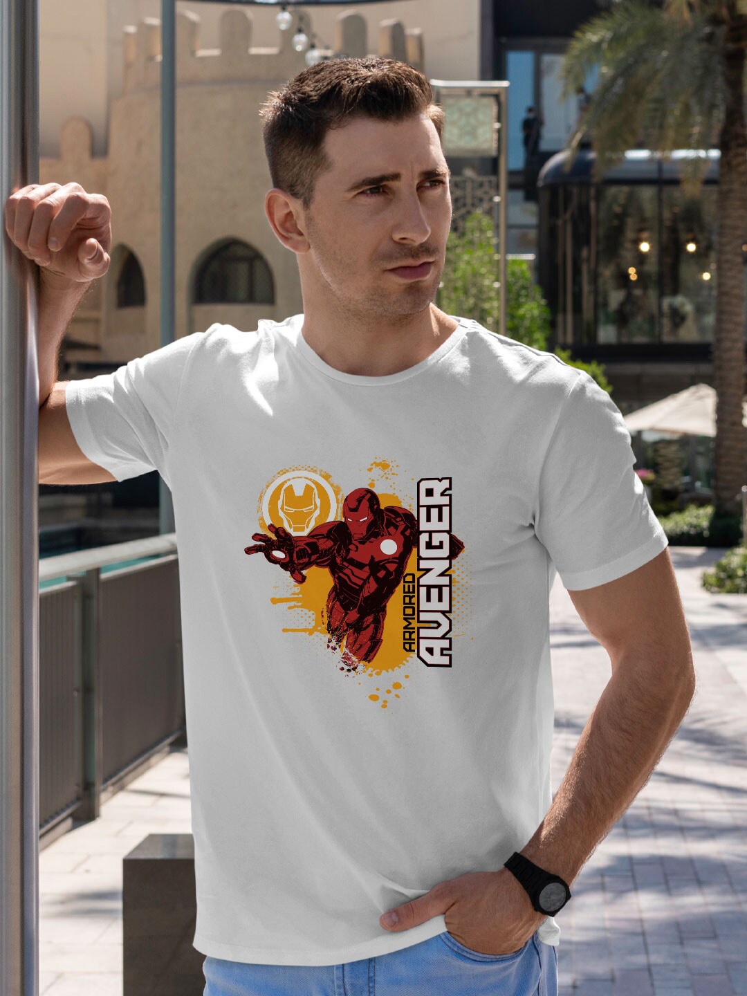 

macmerise Iron Man Graphic Printed Round Neck Bio Finish Cotton T-shirt, White