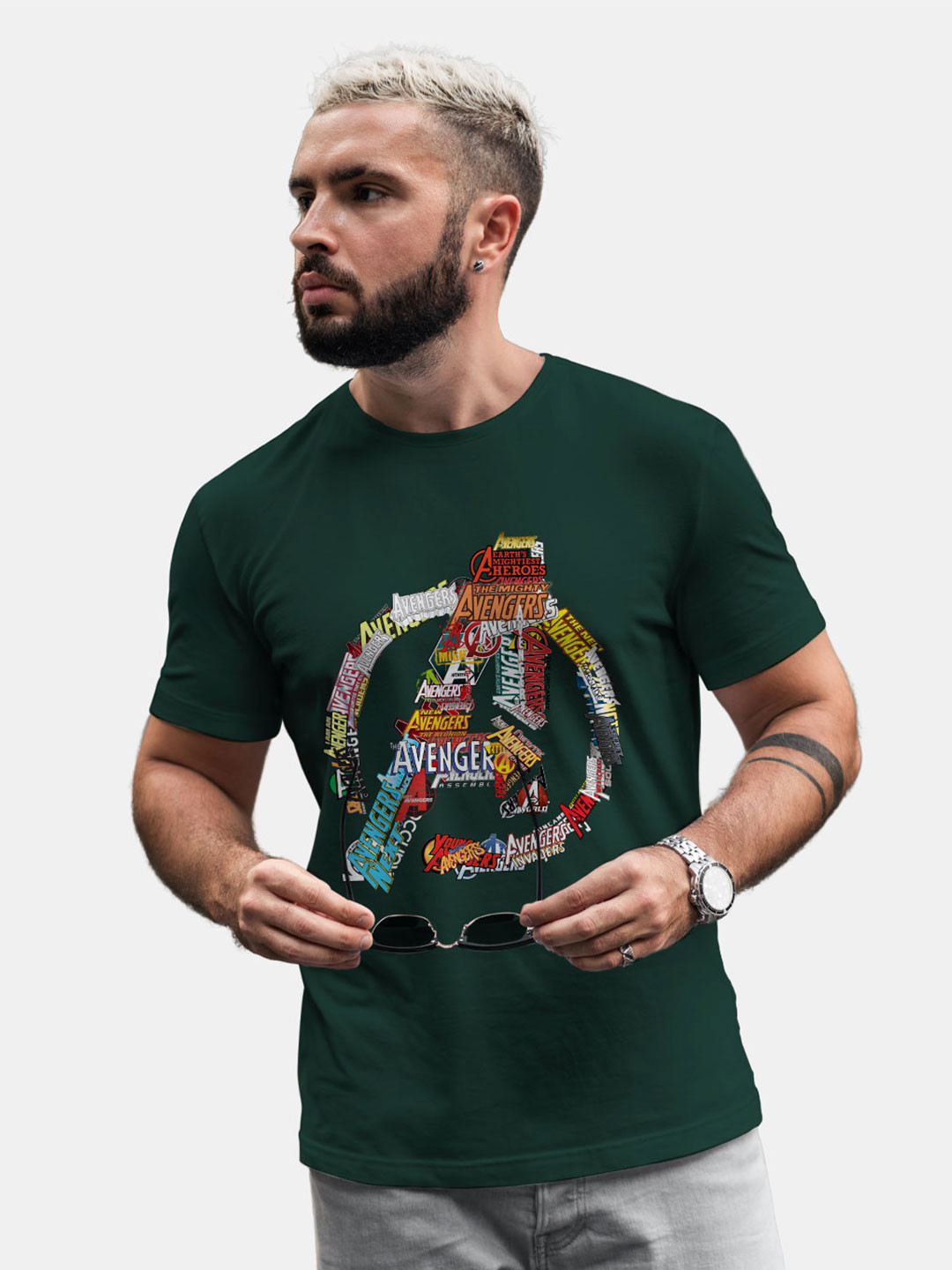 

macmerise Avengers Printed Round Neck Bio-Finish Cotton T-shirt, Green