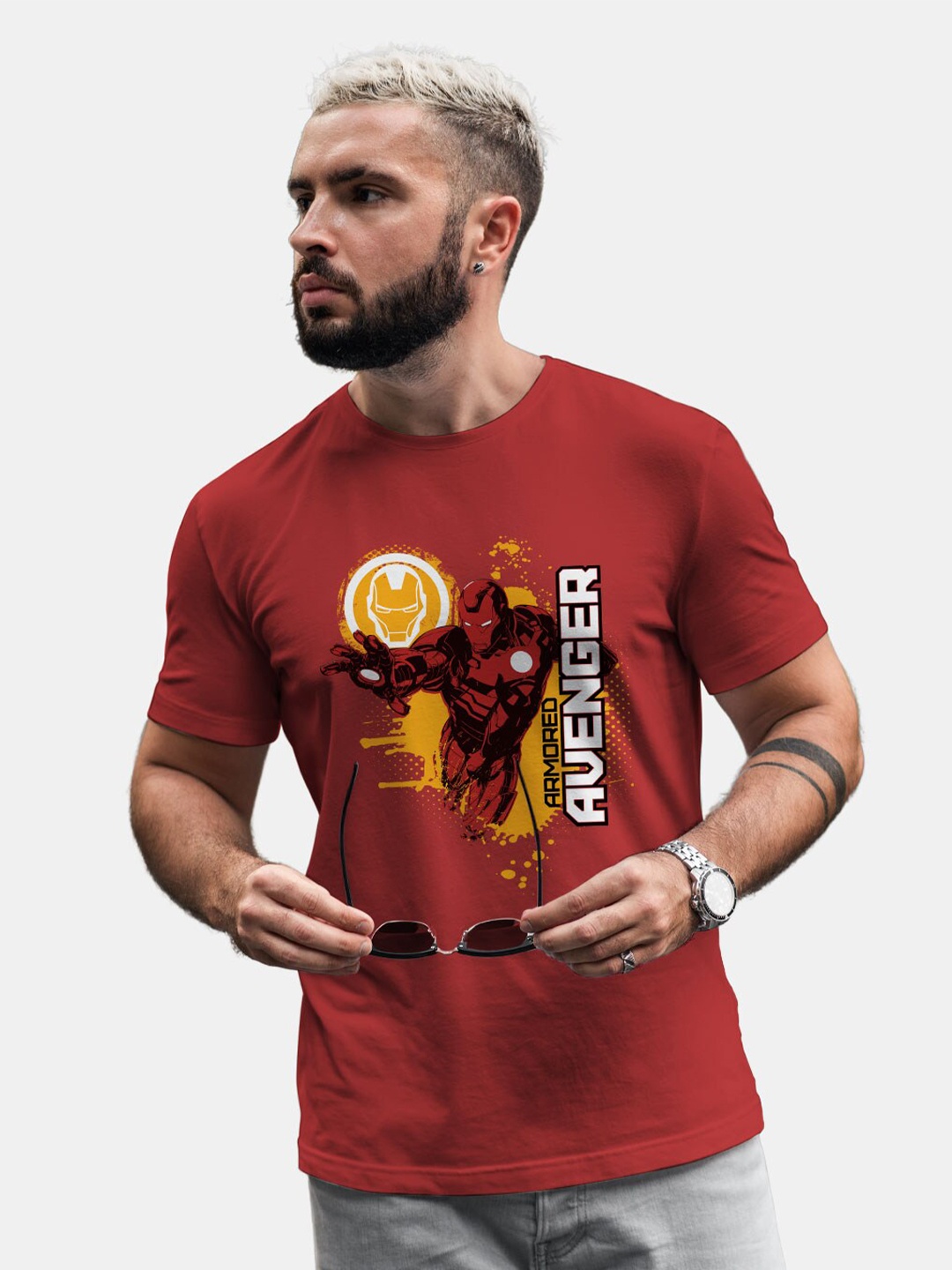 

macmerise Bio Finish Graphic Avengers Printed Cotton T-shirt, Red