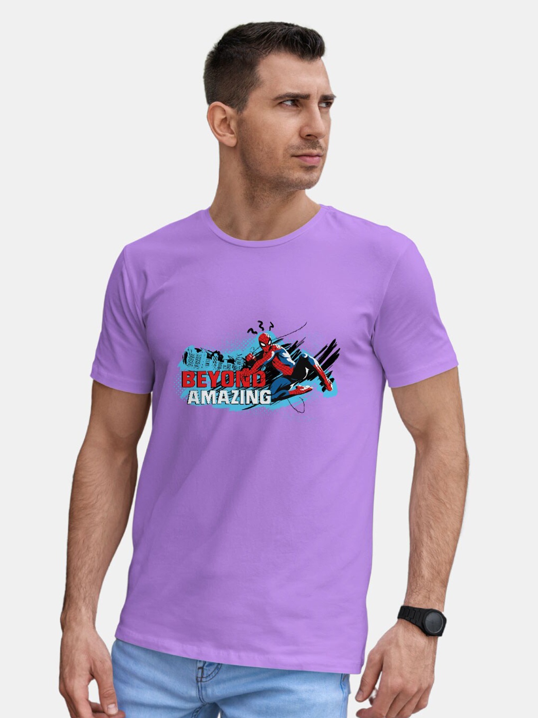 

macmerise Spiderman Printed Round Neck Bio-Finish Cotton T-shirt, Purple
