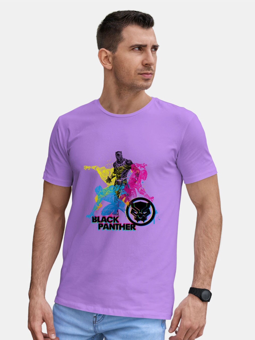 

macmerise Black Panther Printed Round Neck Bio Finish Cotton T-shirt, Purple