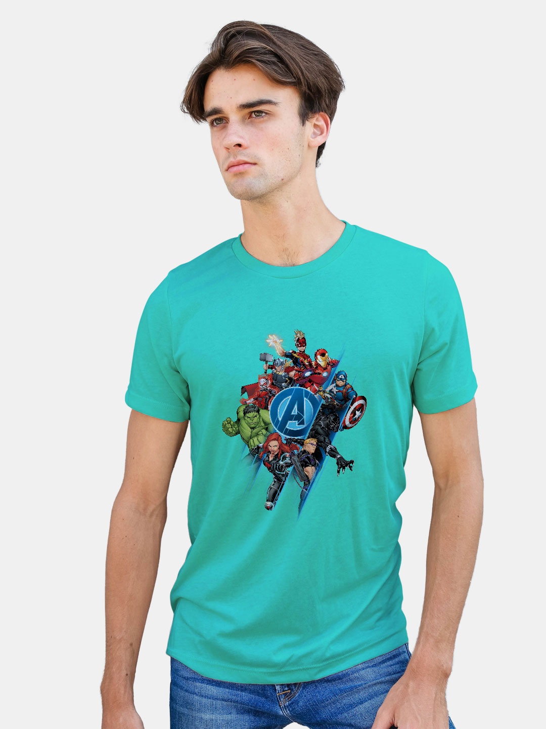 

macmerise Avengers Printed Round Neck Bio Finish Cotton T-shirt, Turquoise blue