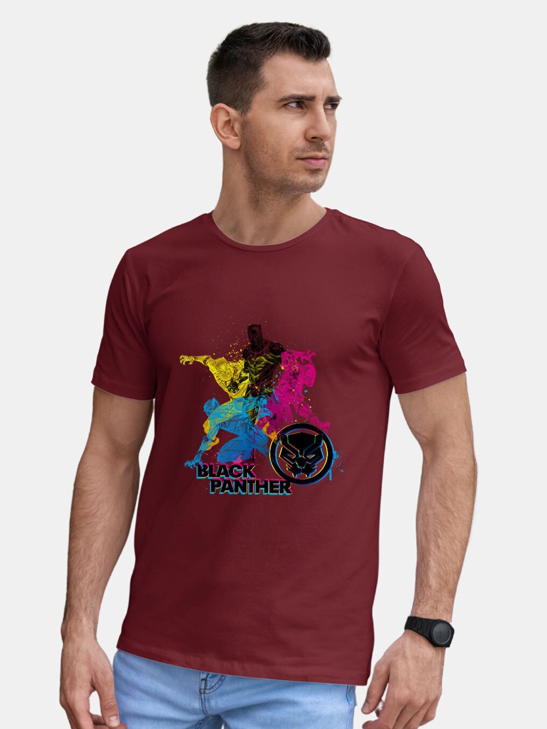 

macmerise Black Panther Printed Round Neck Bio Finish Cotton T-shirt, Maroon