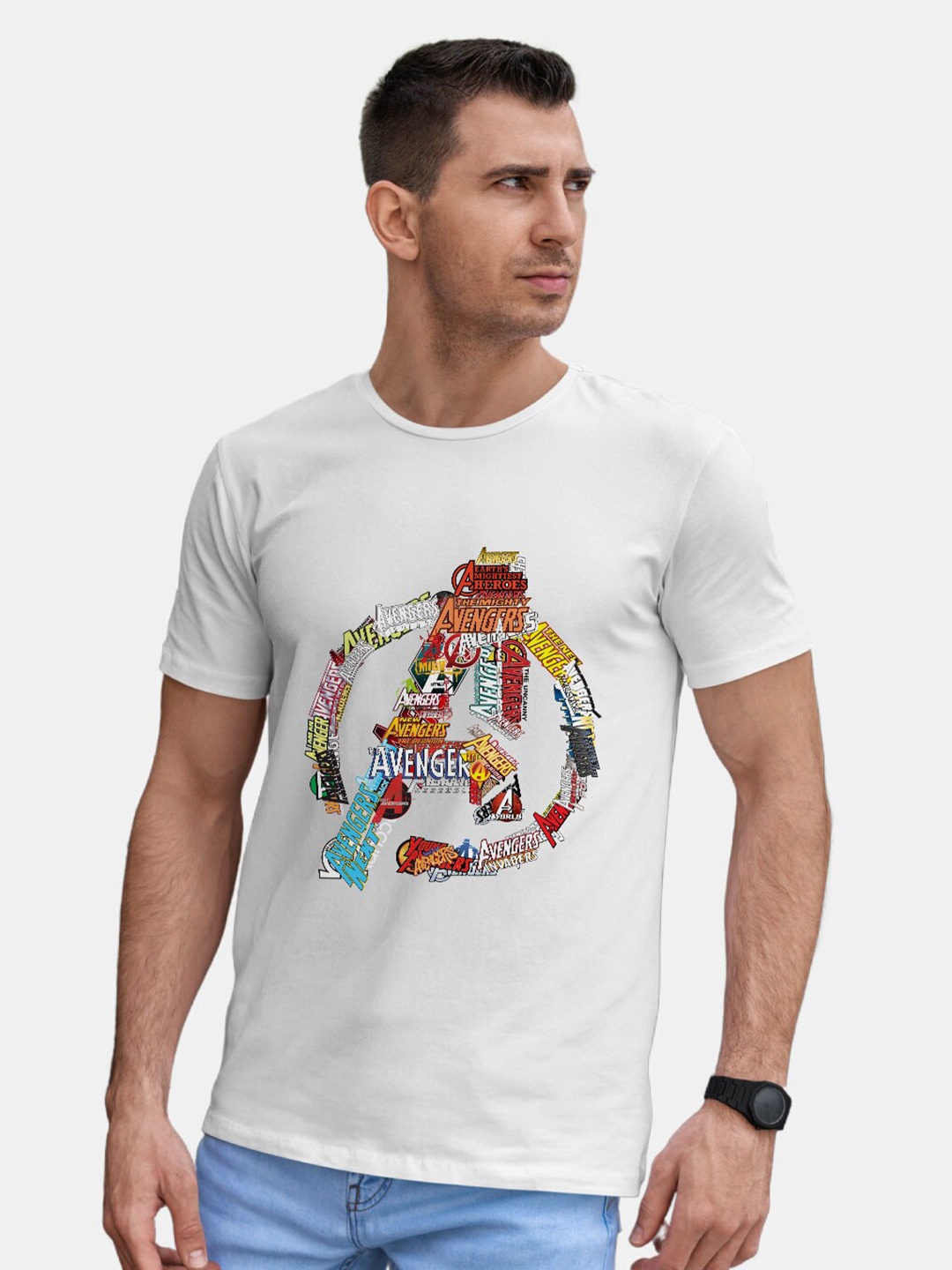 

macmerise Avengers Typography Printed Round Neck Short Sleeves Bio Finish Cotton T-shirt, White